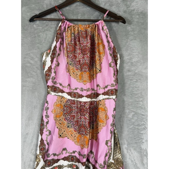 Aakaa Geometric Maxi Dress Size Large Pink Orange Red Multi Classic Halter Neck - Picture 2 of 12